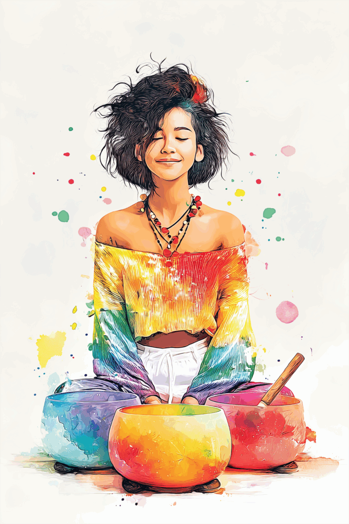 A joyful woman in colorful attire sitting cross-legged with a bright smile.