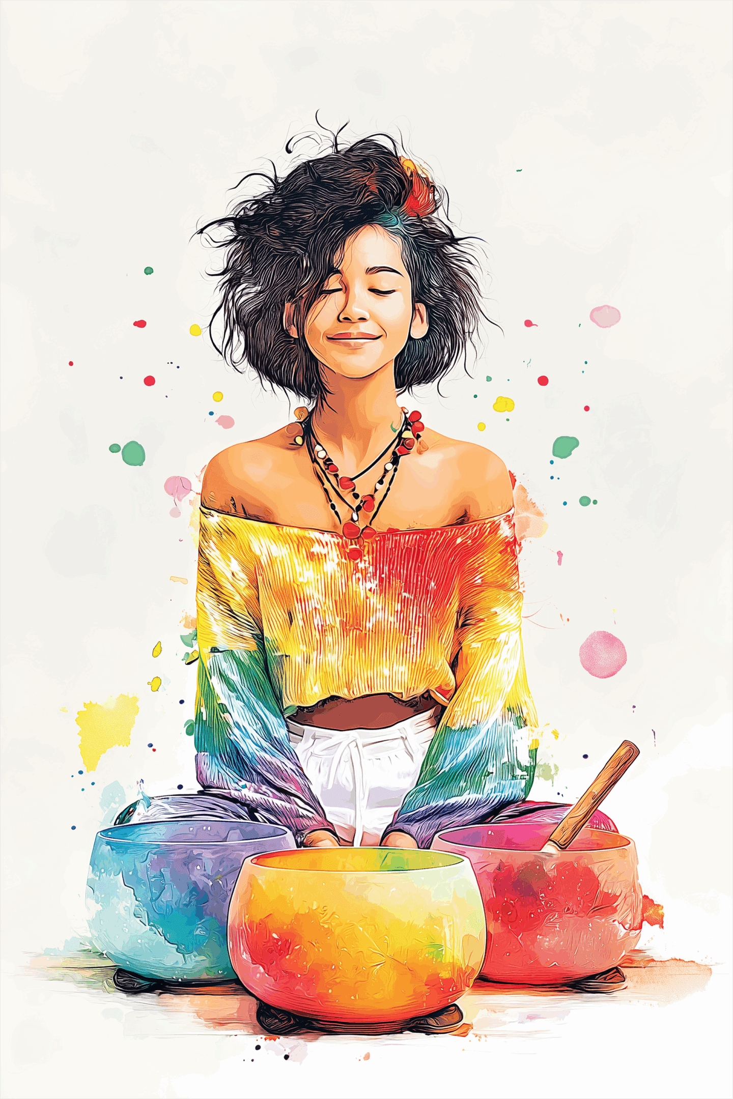 A joyful woman in colorful attire sitting cross-legged with a bright smile.