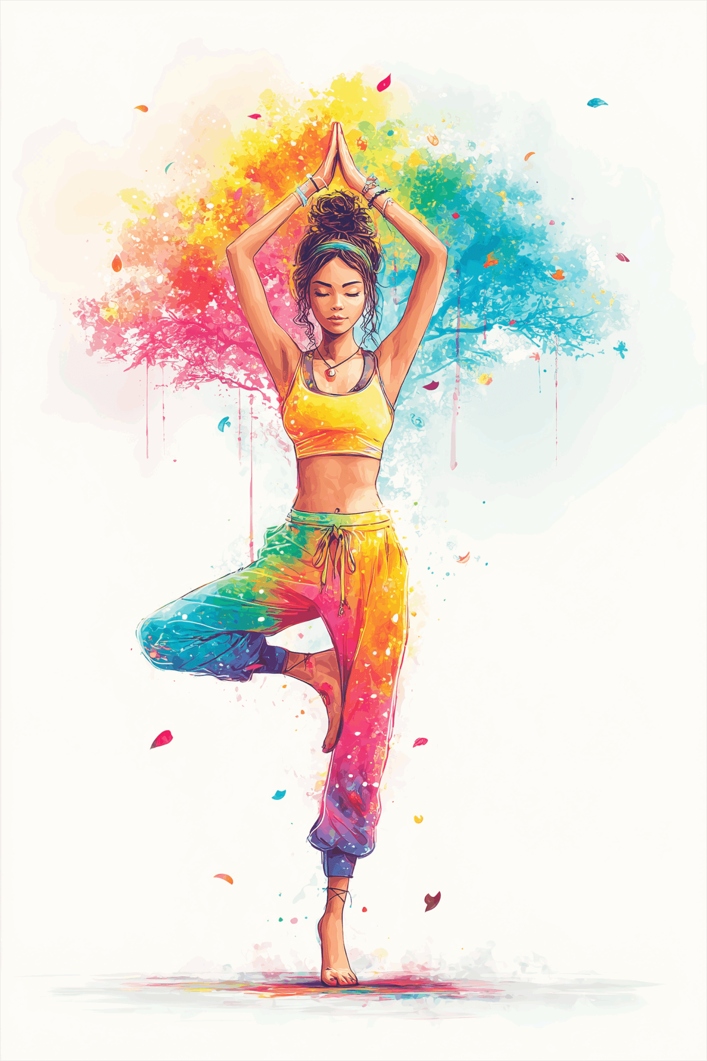 Colorful artistic depiction of a woman in a yoga tree pose.
