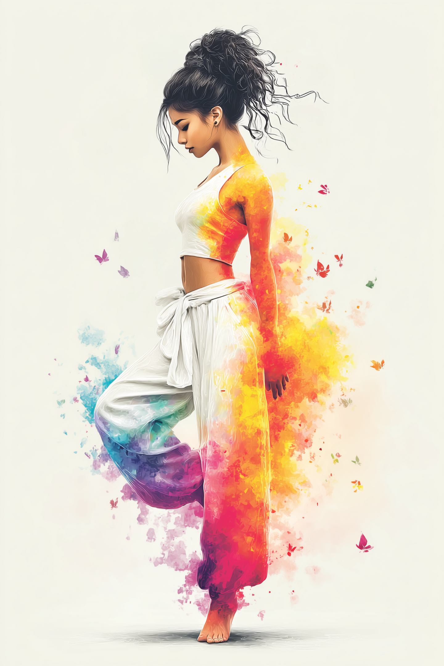 A dynamic dancer surrounded by colorful splashes and butterflies.