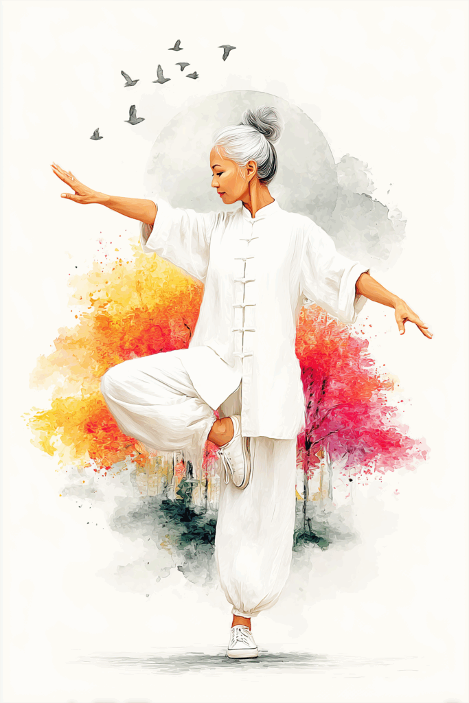 Elderly woman practicing Tai Chi with colorful watercolor background.