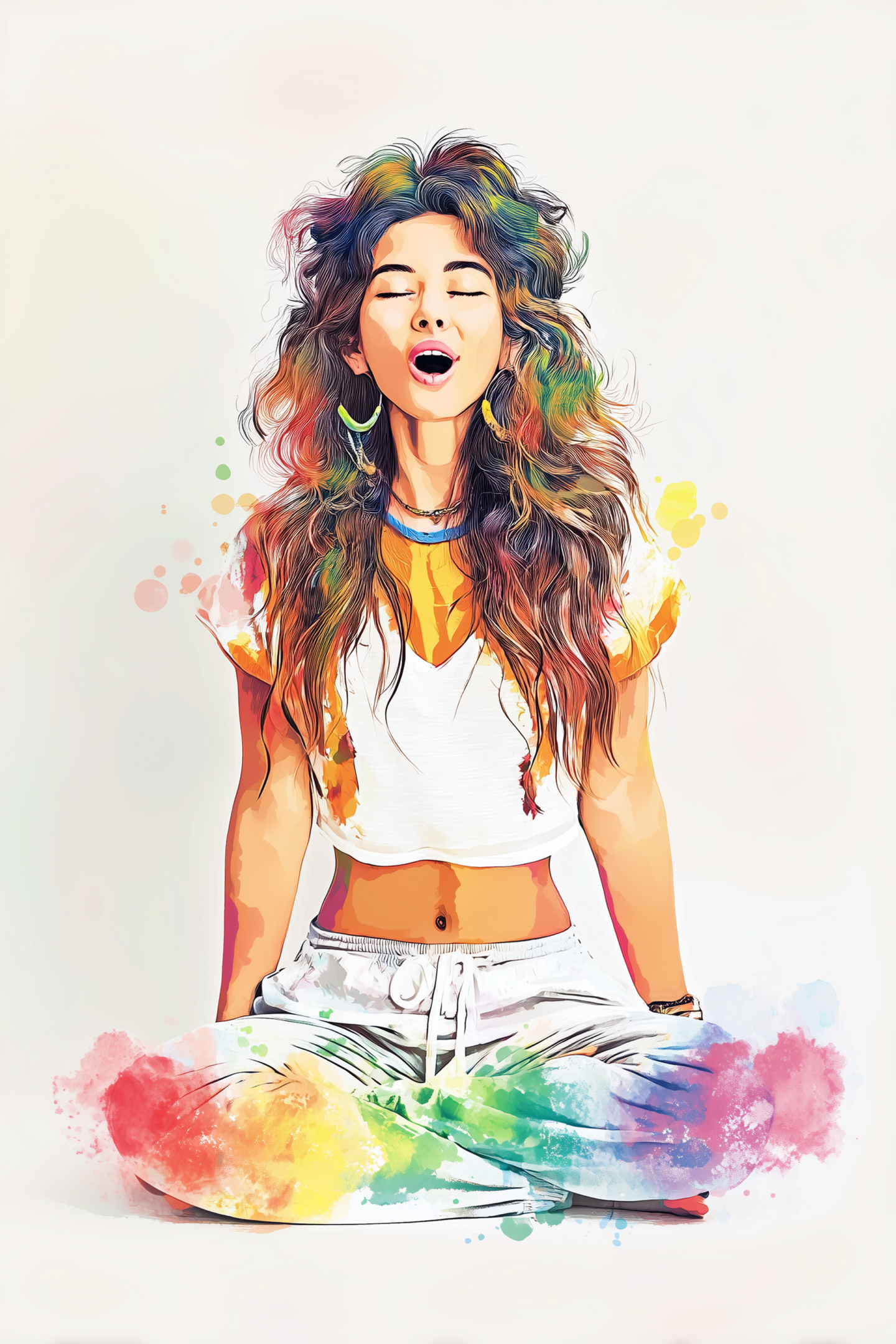 Young woman meditating with colorful artistic effects around her.