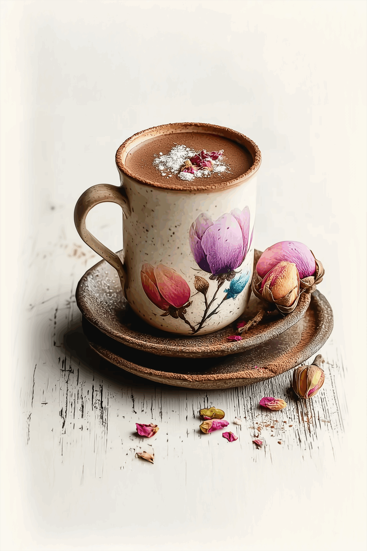 A floral cup of hot chocolate with rose petals.