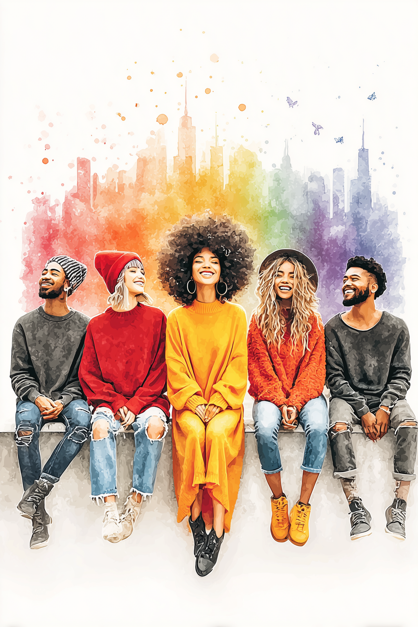 Five diverse friends sitting against a colorful rainbow wall, smiling and relaxed.