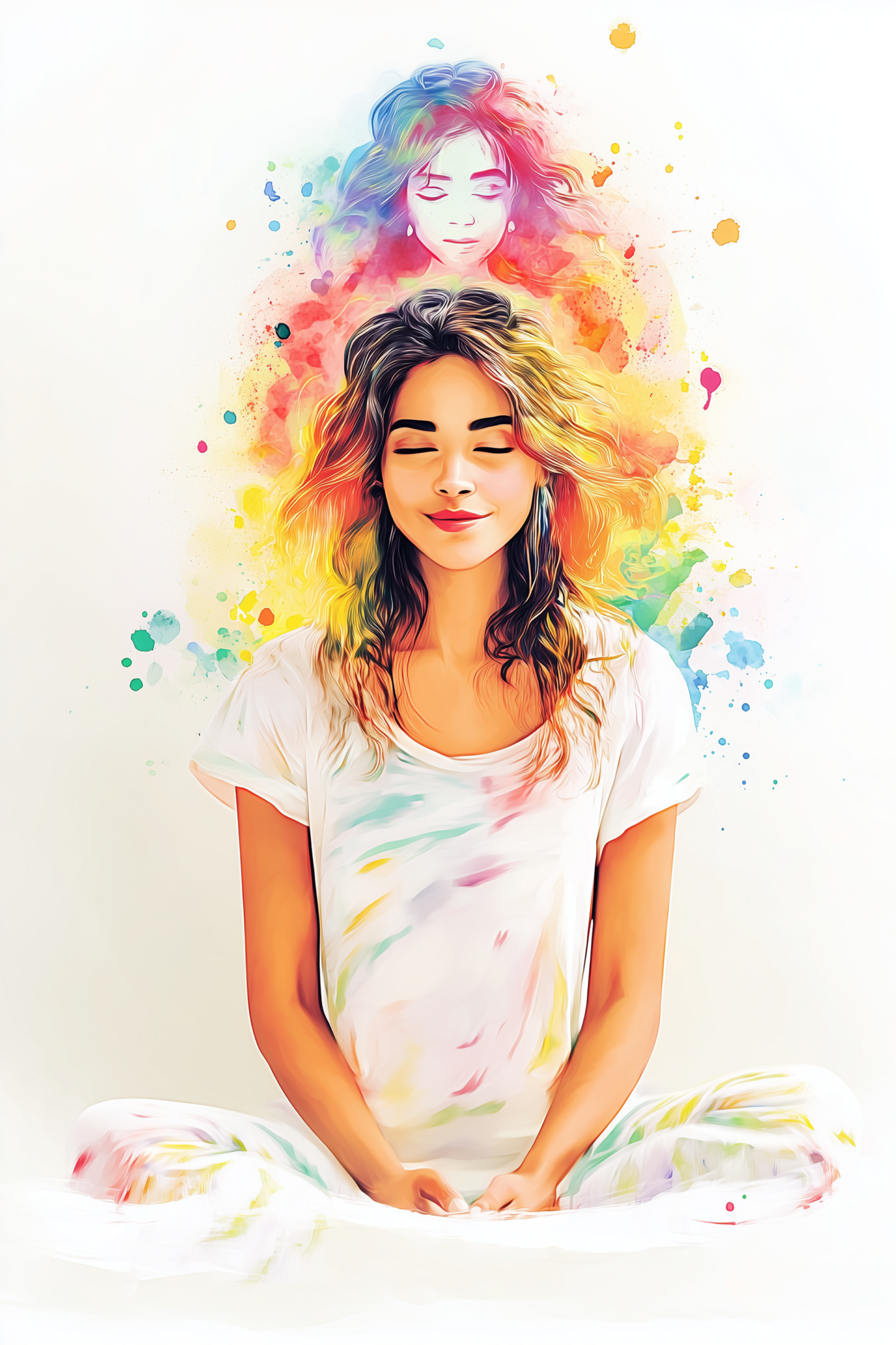 Young woman with closed eyes and colorful background in artistic style.