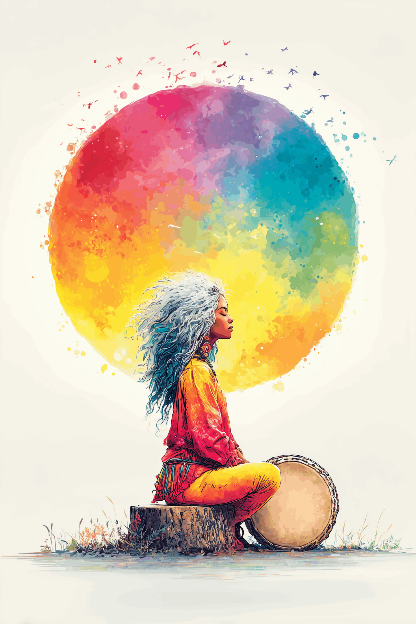 A woman with flowing hair sits in meditation before a vibrant, colorful sun.