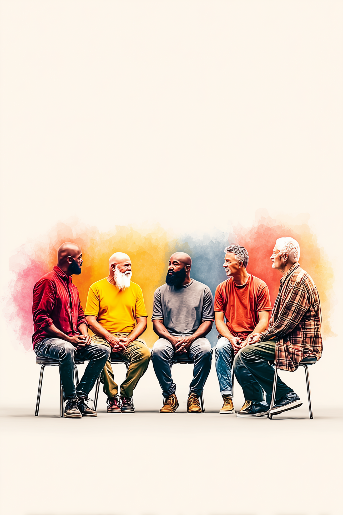 Five elderly men sitting and talking in a casual setting.