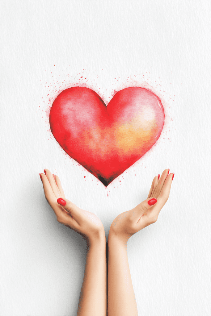 Hands reaching up to a large, vibrant red heart on a white background.