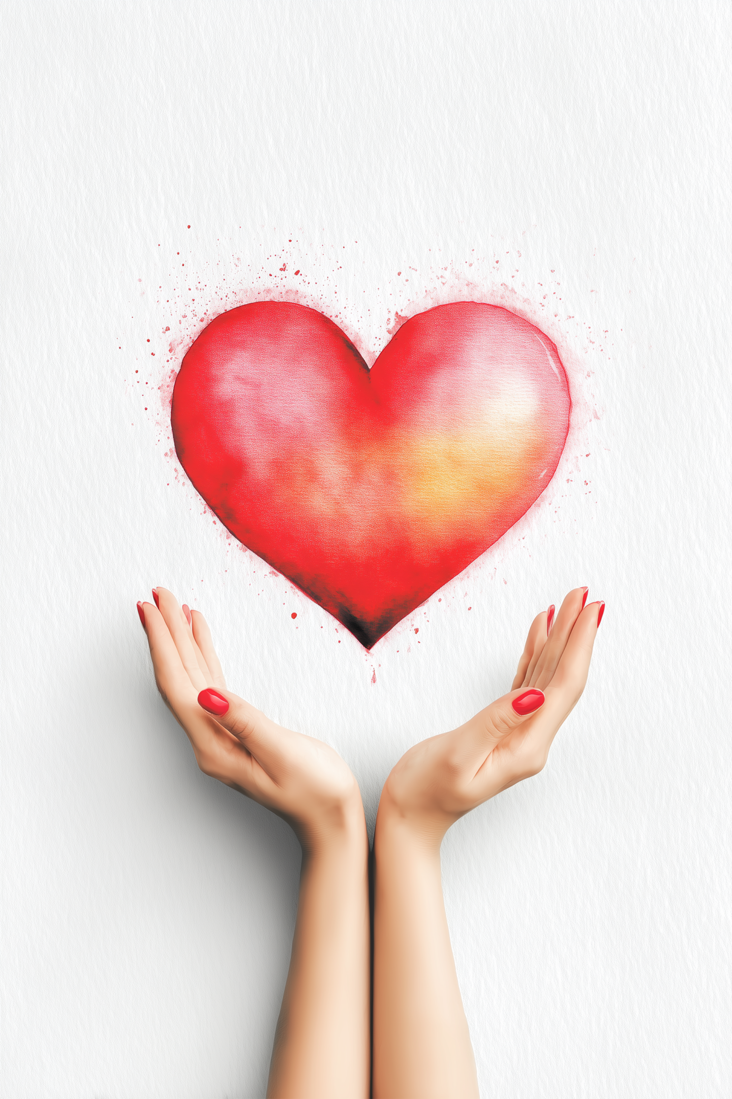 Hands reaching up to a large, vibrant red heart on a white background.