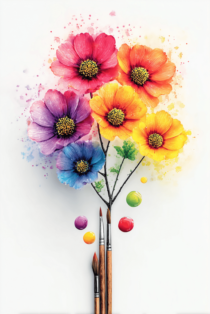Vibrant watercolor flowers bursting with color from a bottle.