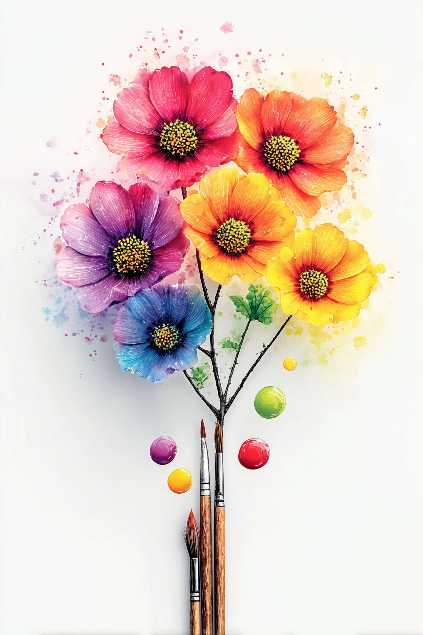 Vibrant watercolor flowers bursting with color from a bottle.