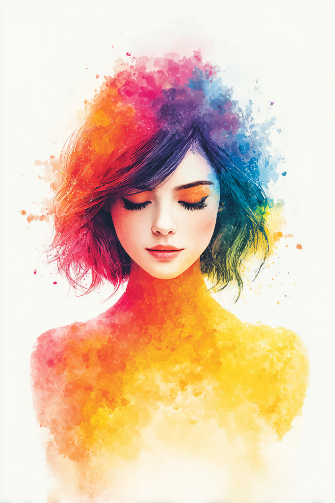 A colorful watercolor portrait of a woman with closed eyes.