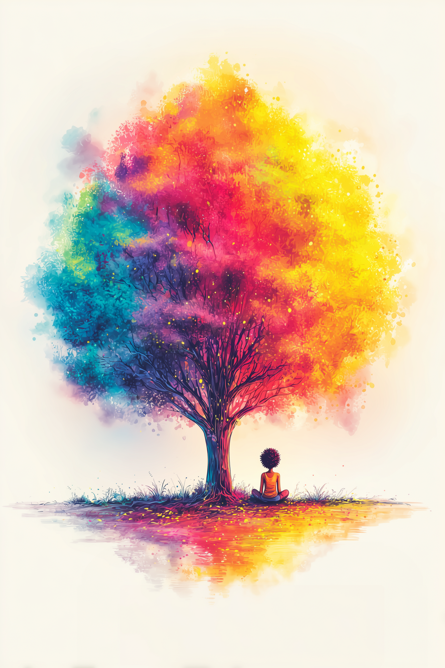 A colorful tree with a child sitting beneath it, blending vibrant hues.