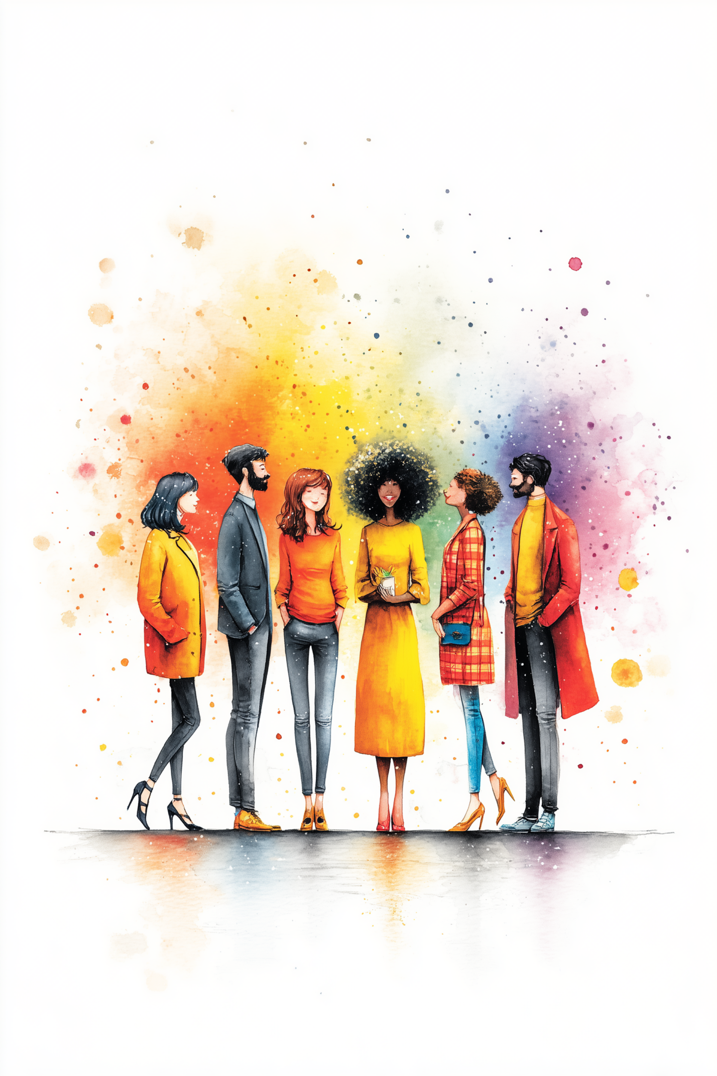 Diverse group dressed in vibrant autumn colors standing together.