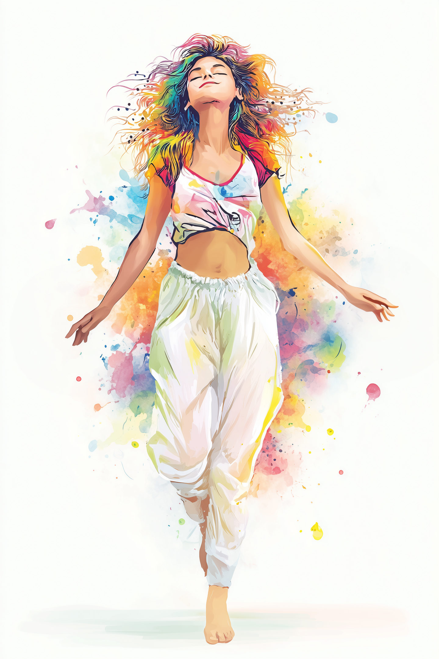 Woman dancing with colorful paint splashes around her.