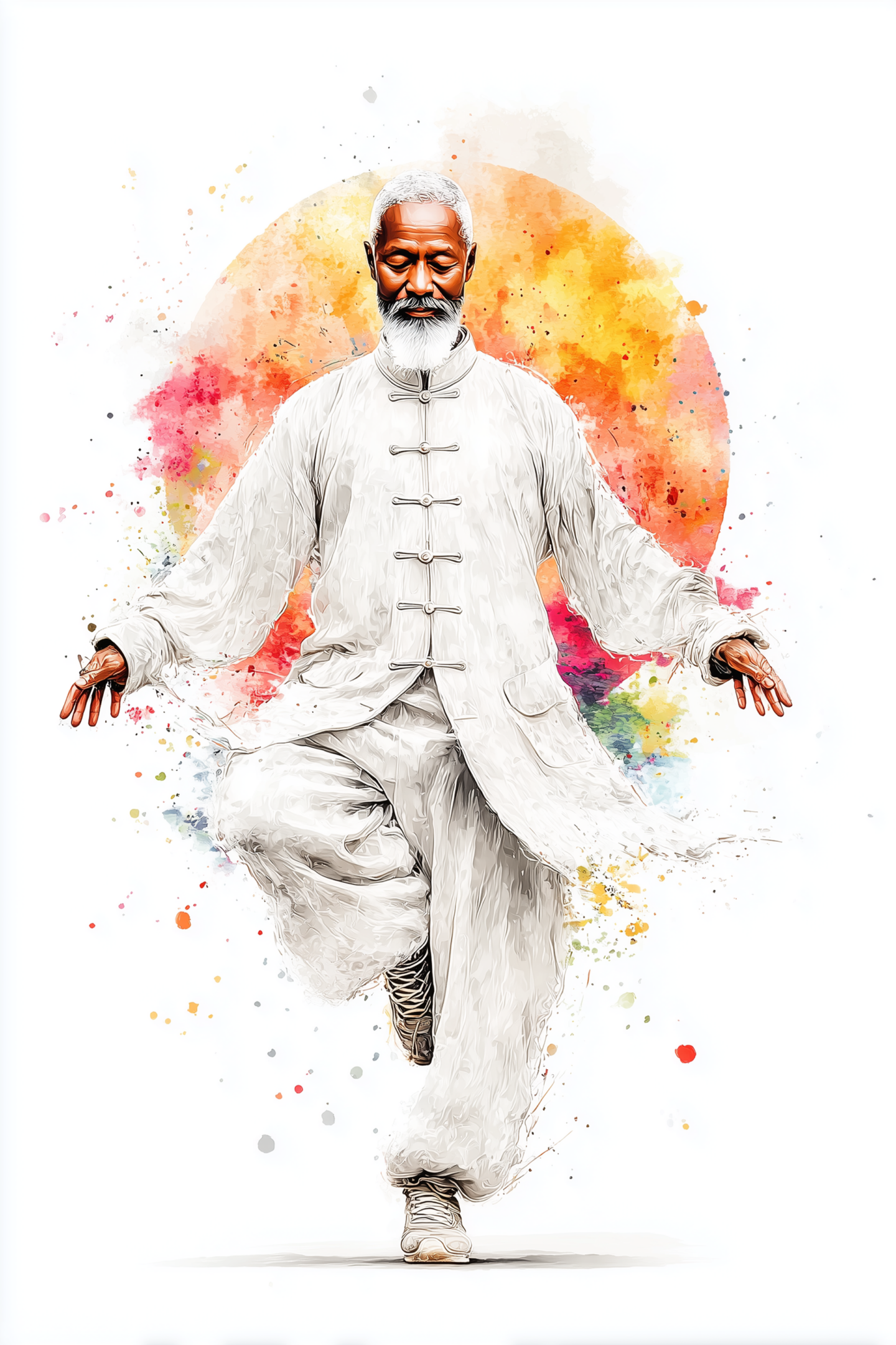 Elderly man meditating, dressed in traditional white attire, surrounded by colorful splashes.