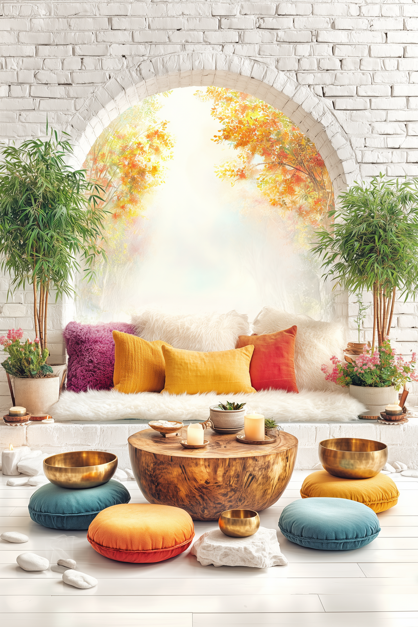 Cozy seating area with colorful cushions and natural decor.