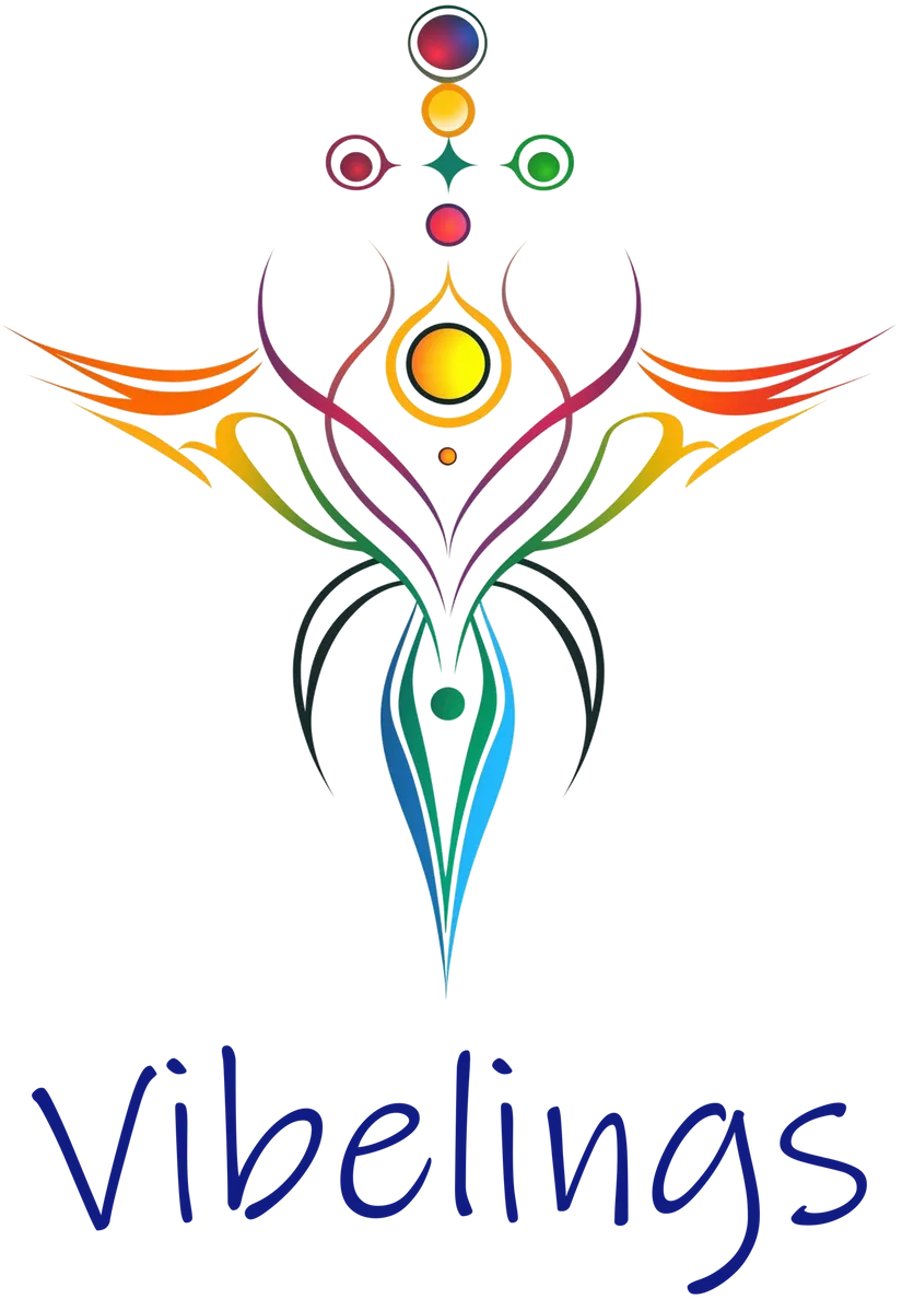 Colorful symmetrical tribal design with abstract shapes and a central glowing orb.