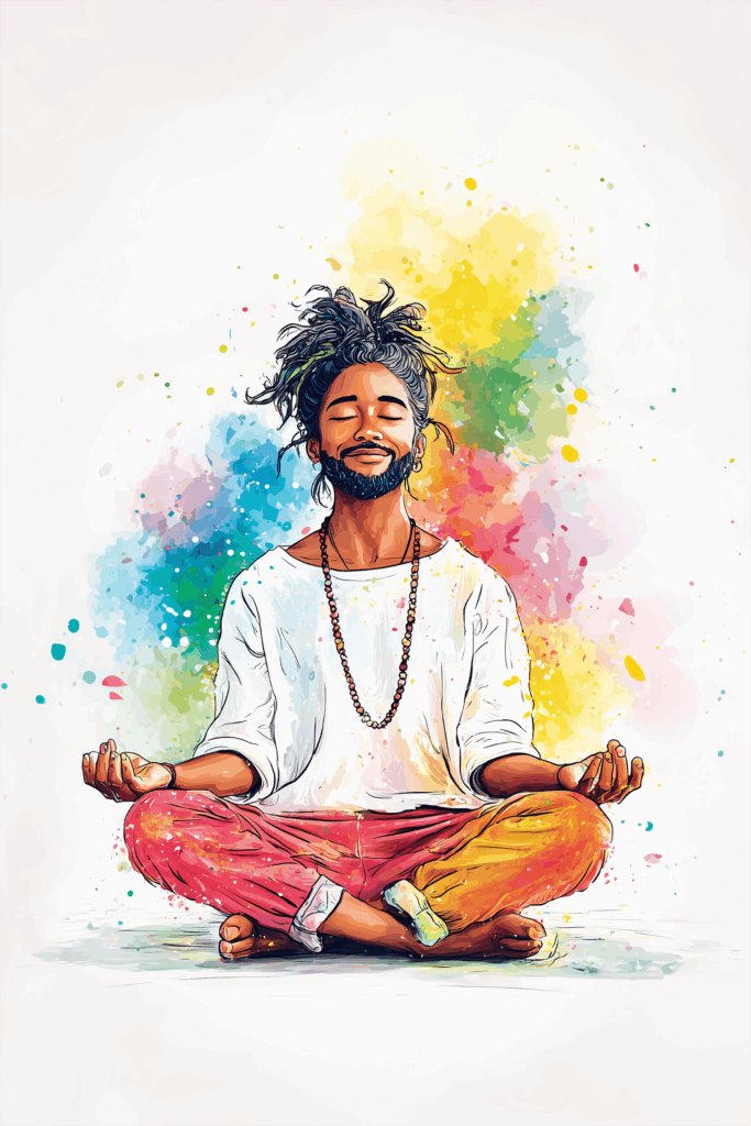 Man meditating in colorful artistic style with vibrant paint splashes.