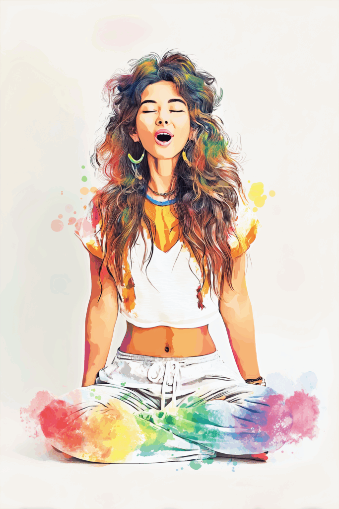 Young woman meditating with colorful artistic effects around her.