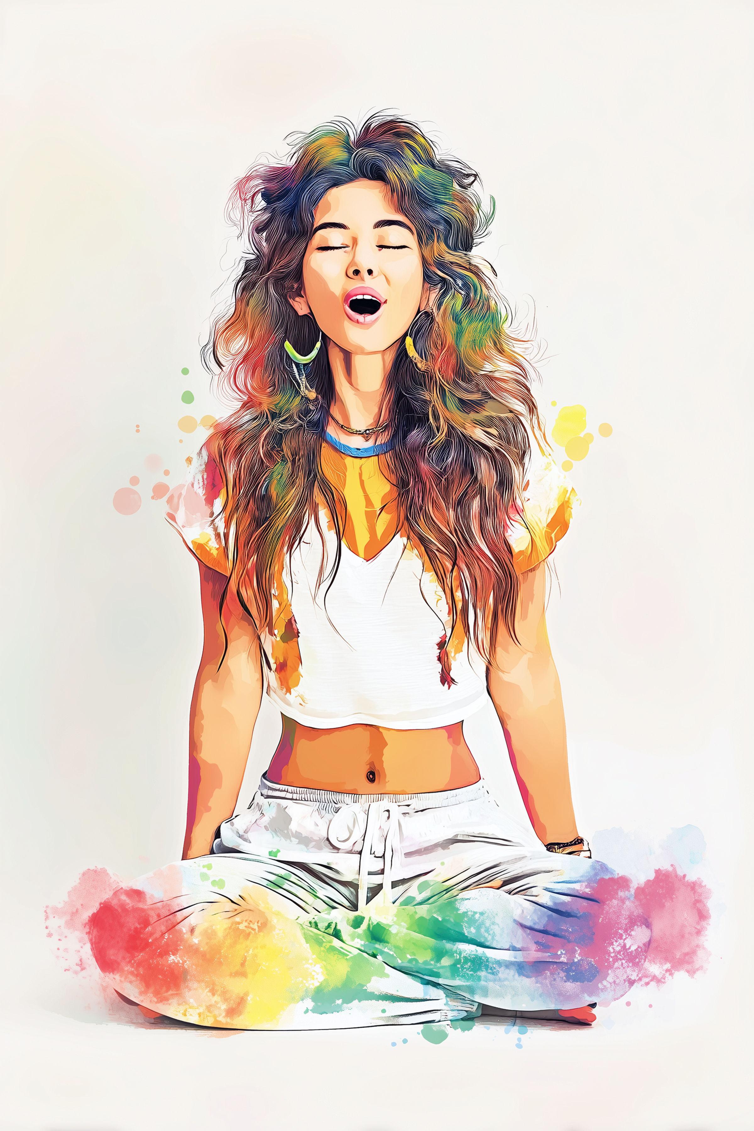 Young woman meditating with colorful artistic effects around her.