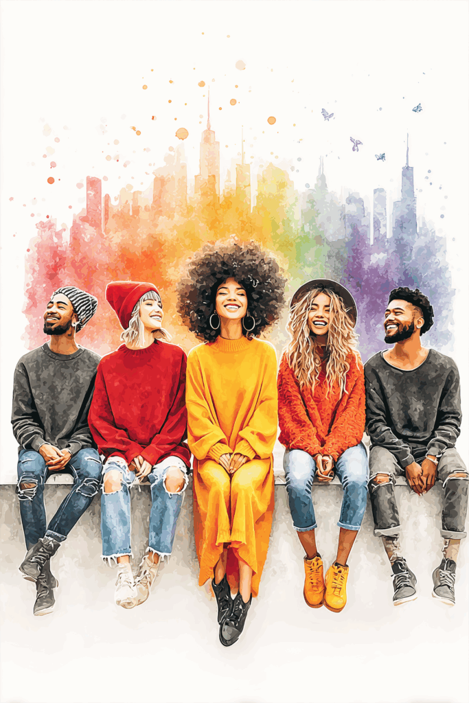 Five diverse friends sitting against a colorful rainbow wall, smiling and relaxed.