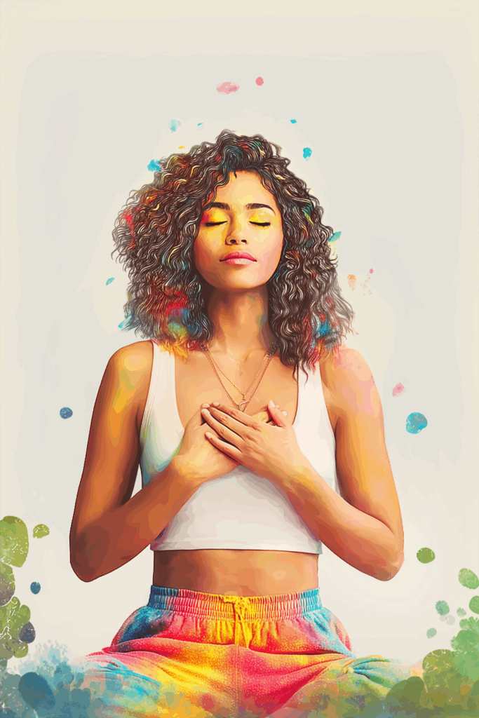 Woman with curly hair meditating peacefully with eyes closed.
