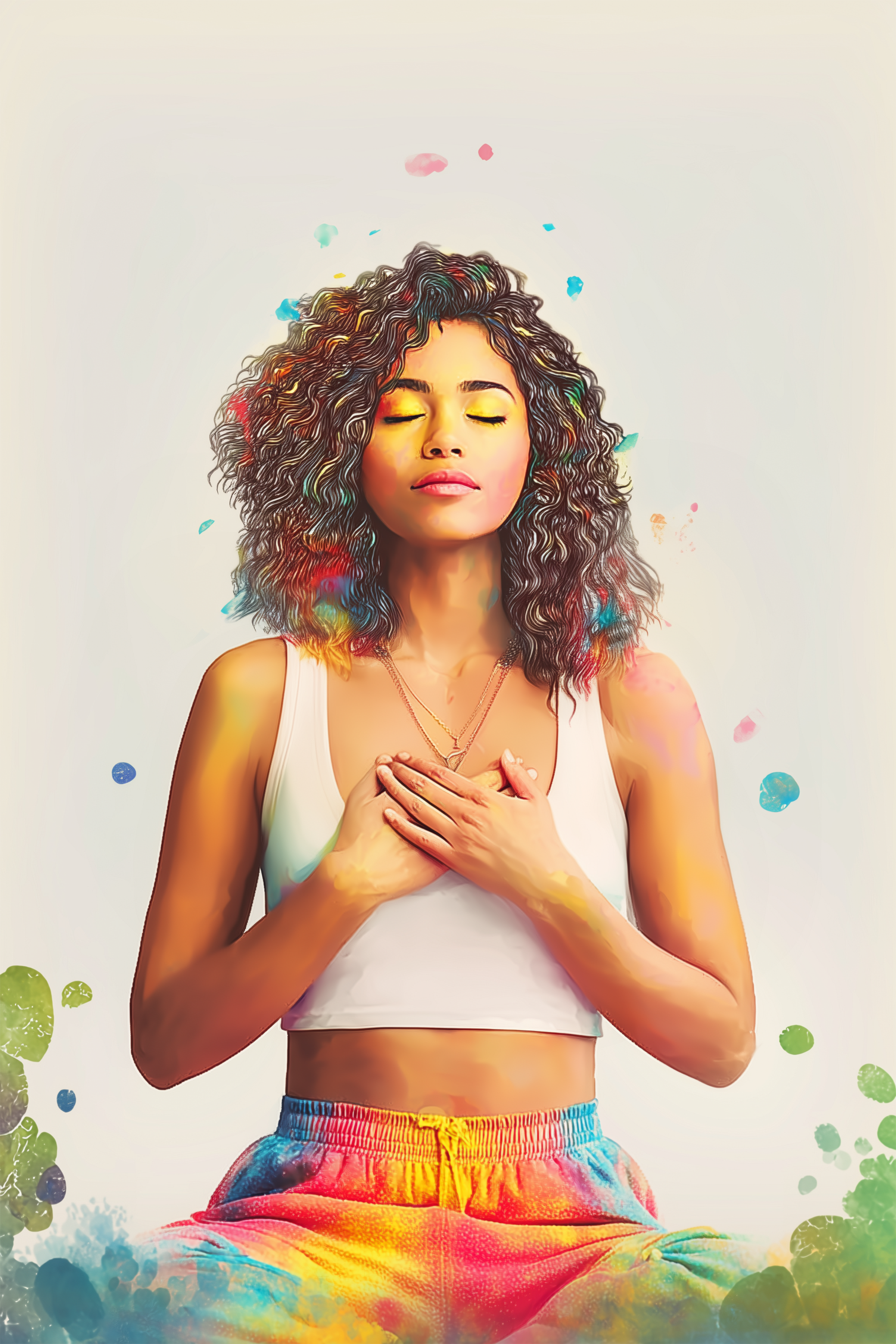 Woman with curly hair meditating peacefully with eyes closed.