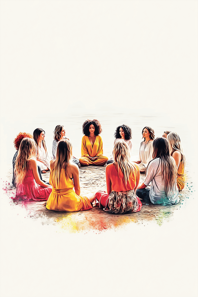Women sitting in a circle meditating outdoors.