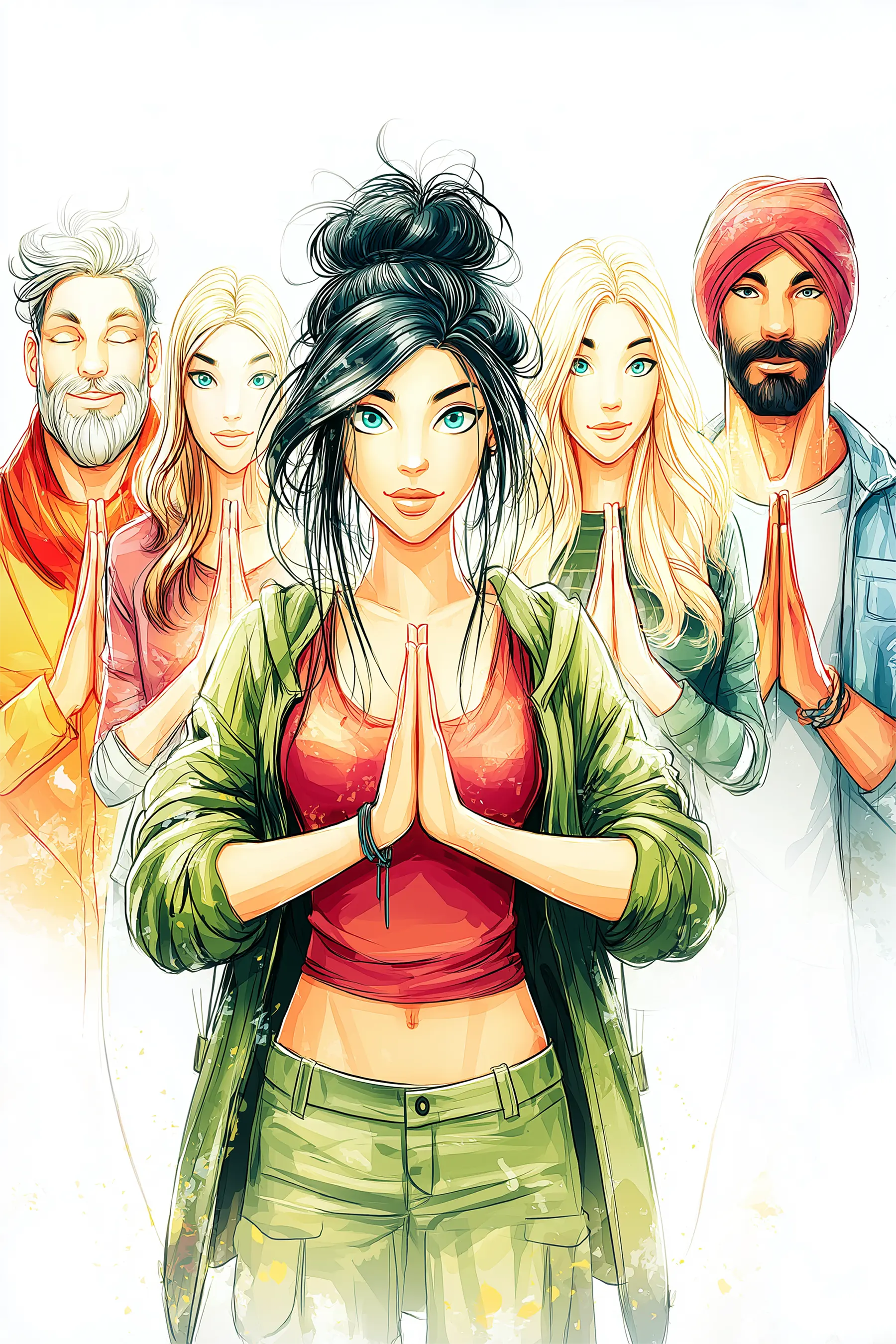 A diverse group is practicing meditation with hands in prayer pose.