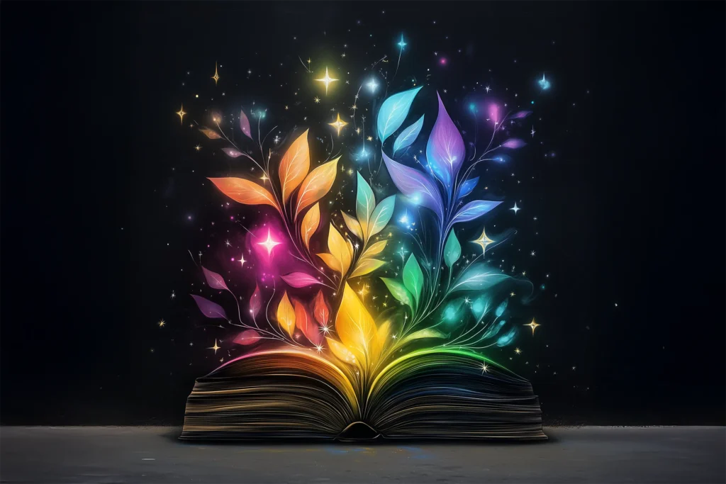 An open magical book with colorful glowing leaves and sparkling stars emerging.