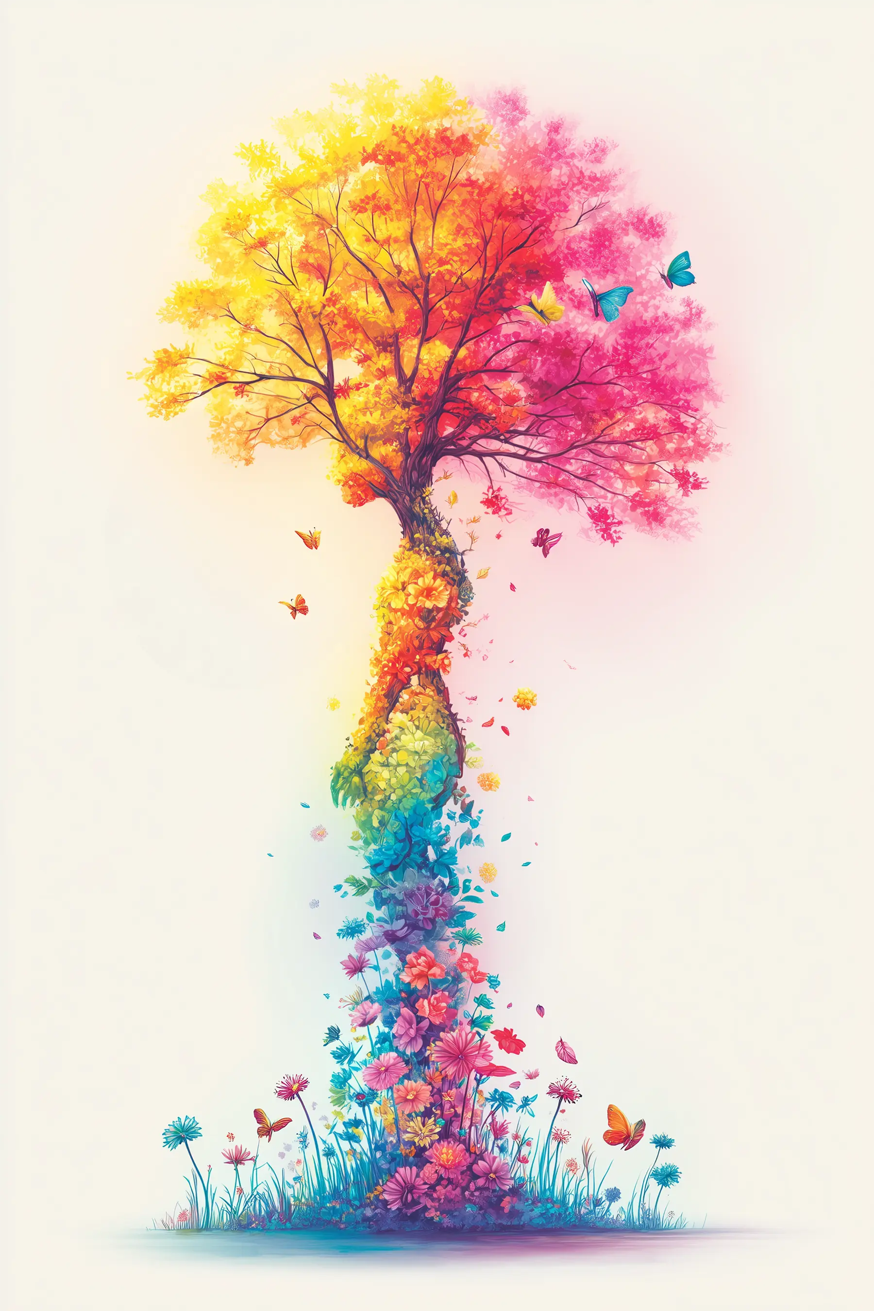 A colourful tree with vibrant autumn and spring hues and butterflies fluttering around.