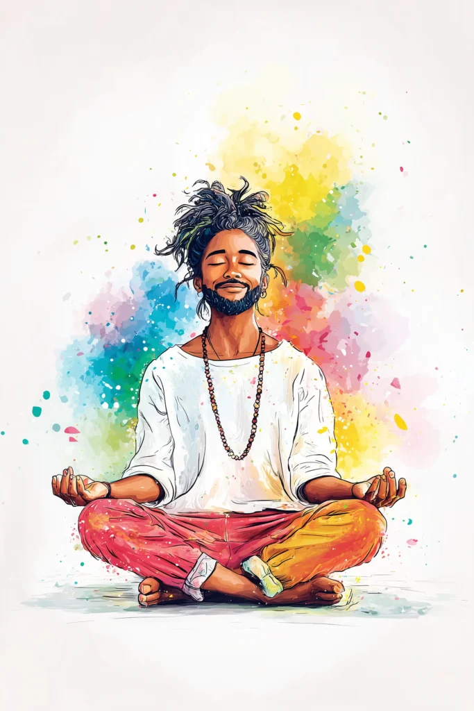Man meditating in colorful artistic style with vibrant paint splashes.