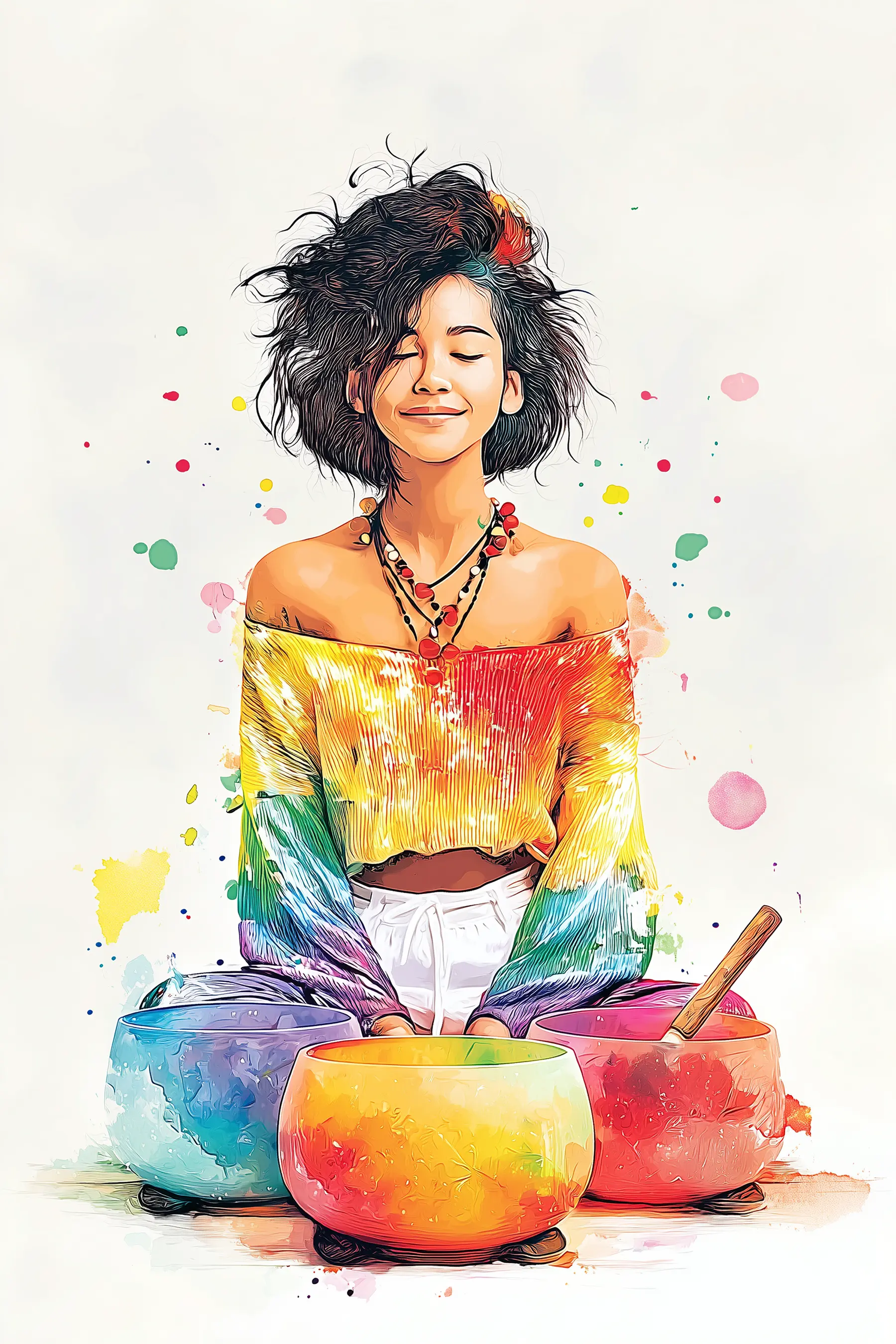 A joyful woman in colorful attire sitting cross-legged with a bright smile.