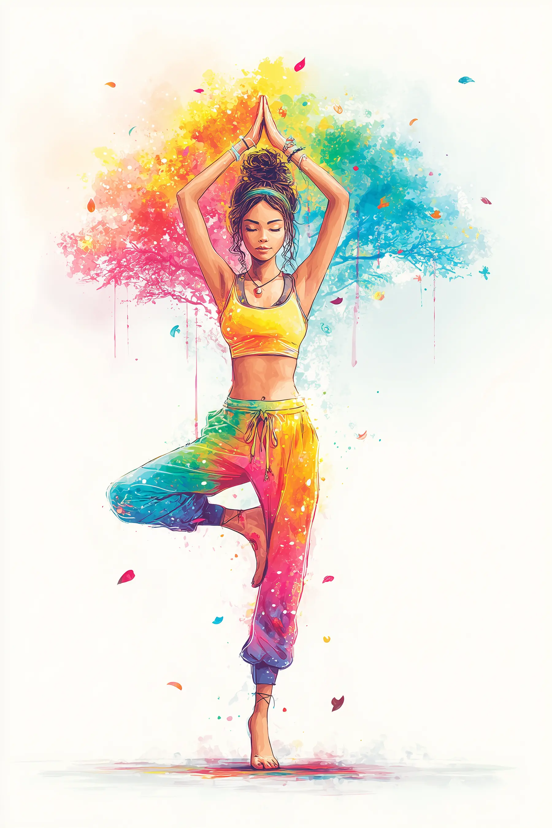 Colorful artistic depiction of a woman in a yoga tree pose.