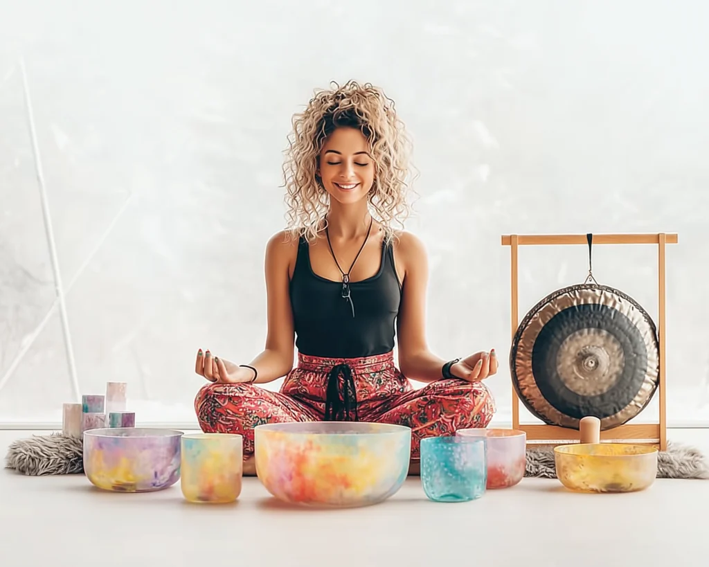 Woman meditating with singing bowls.