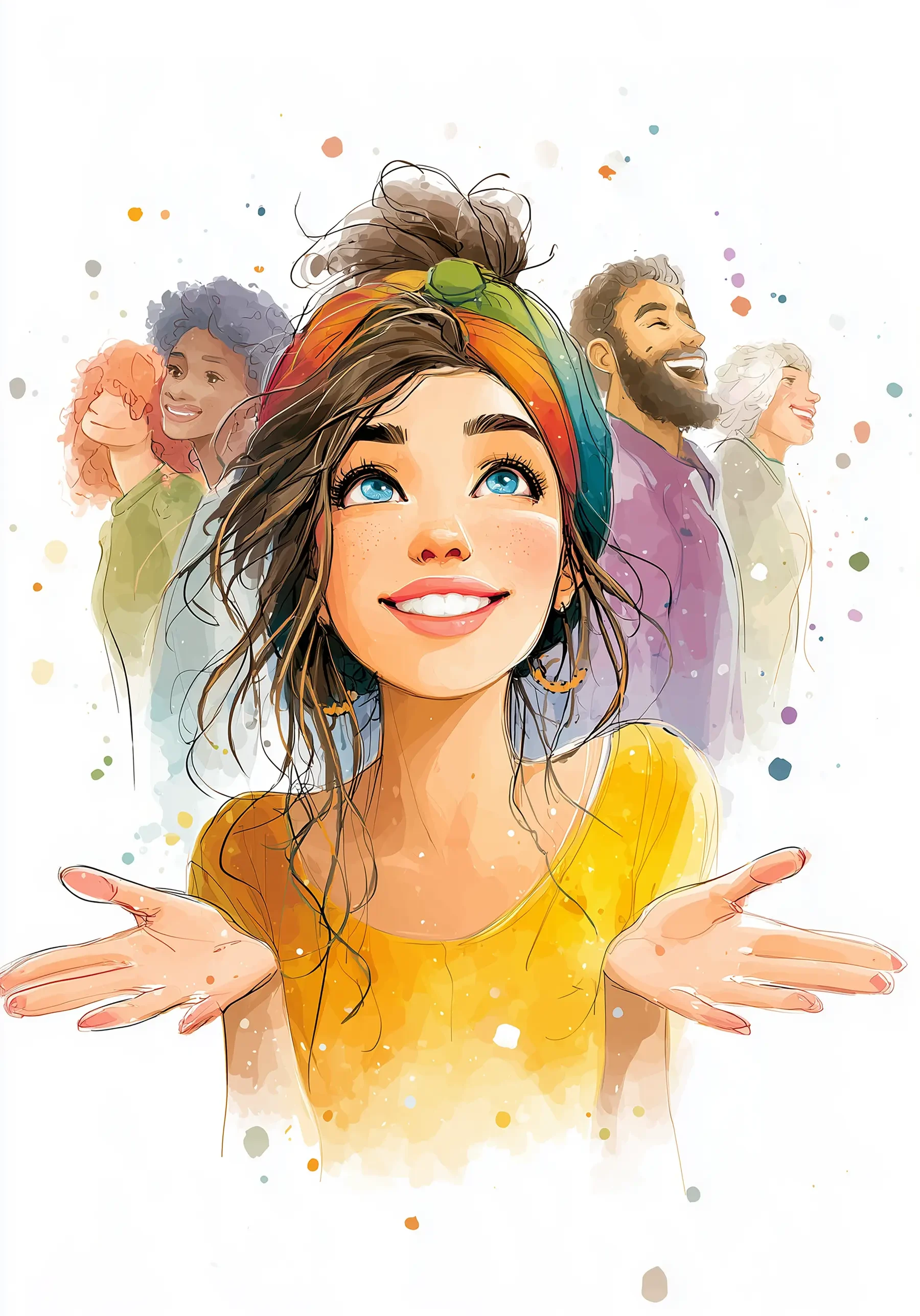 Colorful illustration of diverse people smiling.